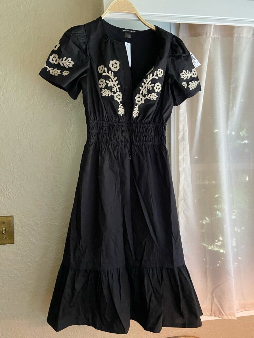 French Connection cotton black embroidered midi dress size XS
